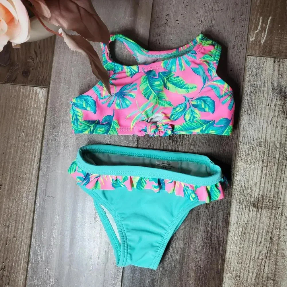 Wonder Nation Baby Girl 2 pc Swimsuit Bikini Size 12m Teal Hot Pink Tropical